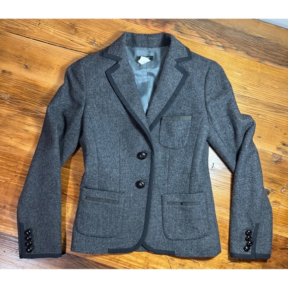 J.Crew 100% Wool Gray Blazer Size 4 Black Trim Tailored Jacket - Picture 3 of 10